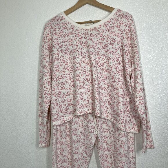 Papinelle Pajama Set Soft Womens Medium Cream Pink Floral Waffle Knit Lounge - Picture 3 of 16
